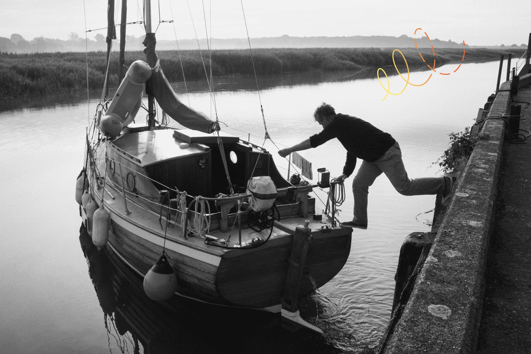 Homme en équilibre entre le mur du port avec un pied sur un voilier, poussant le bateau loin de avec motif graphique