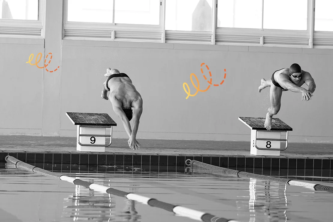 Les nageurs plongeant dans la piscine avec motif graphique