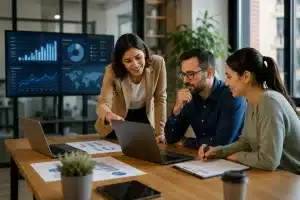 Trois professionnels analysent des données et sur un ordinateur portable pour illustrer l'impact de l'IA en entreprise.