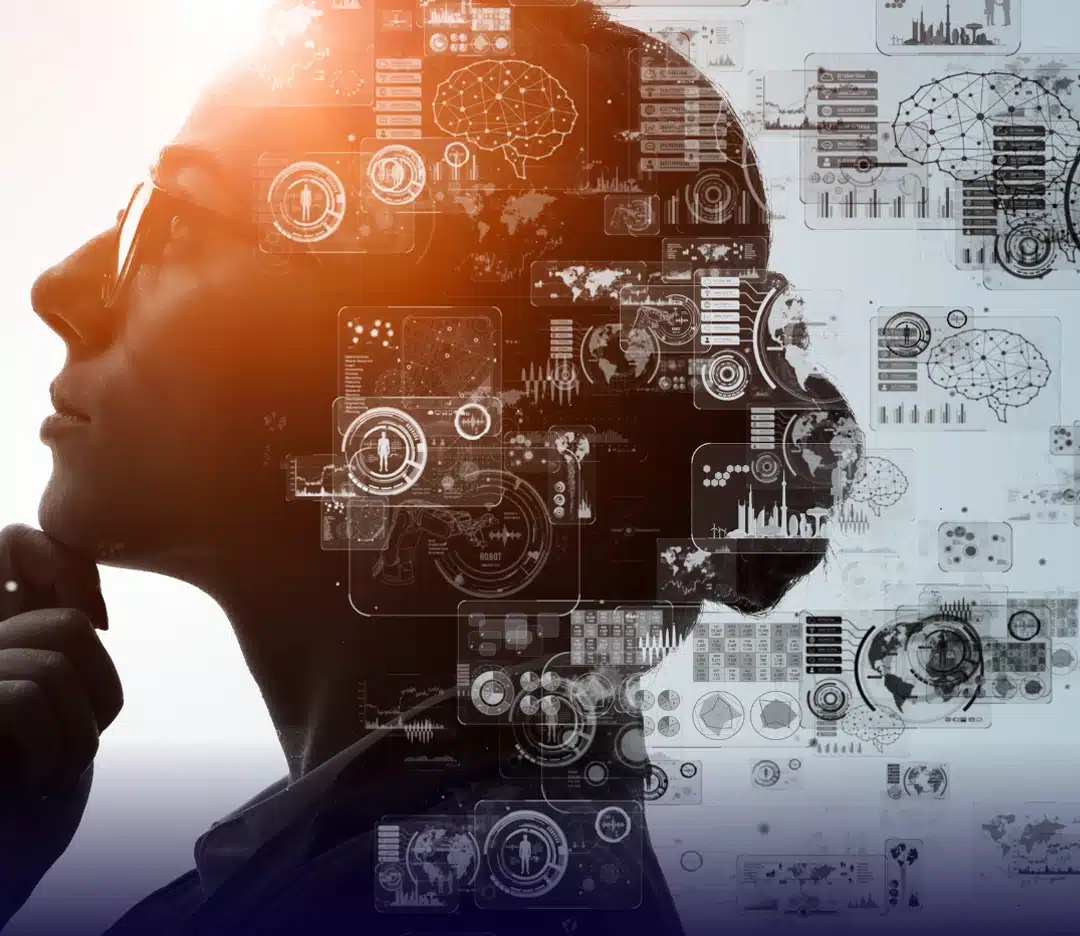 Silhouette d'une collaboratrice en pleine réflexion, superposée à des interfaces de données et des réseaux de neurones, illustrant la formation à l'intelligence artificielle en entreprise.